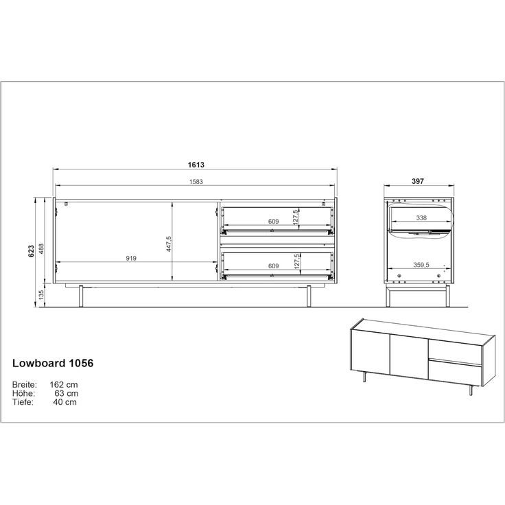 Germania Lowboard 1056-627 GW-Cantoria, in Eiche/Schwarz, Schubladen mit Selbsteinzug, 162 x 63 x 40 cm (BxHxT) – Bild 3