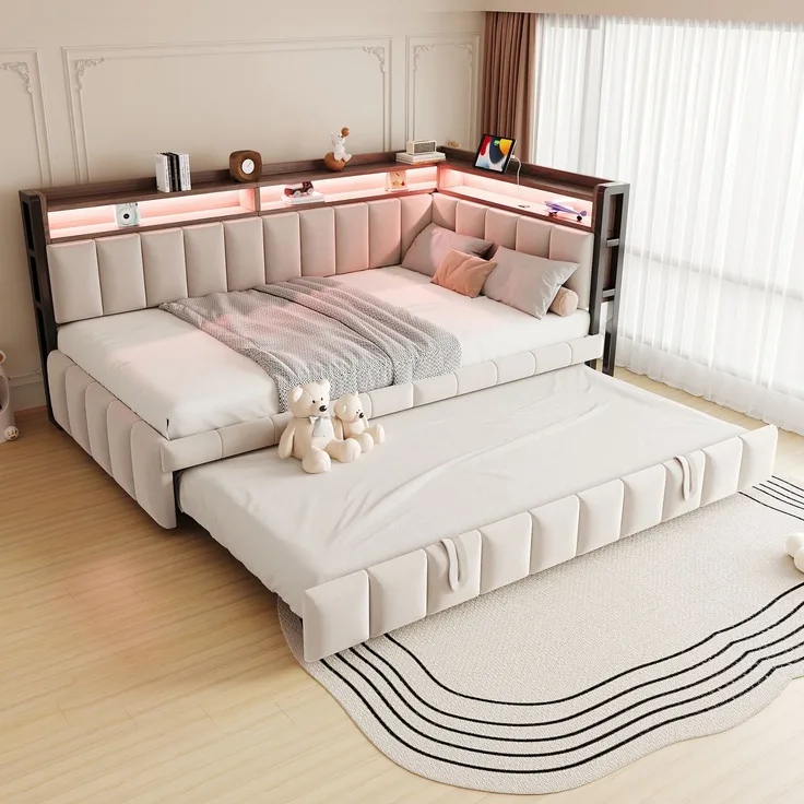 Ausziehbett mit Liegefläche 90×200 cm und Auszug 90×190 cm, LED-Beleuchtung, Beige, ohne Matratze