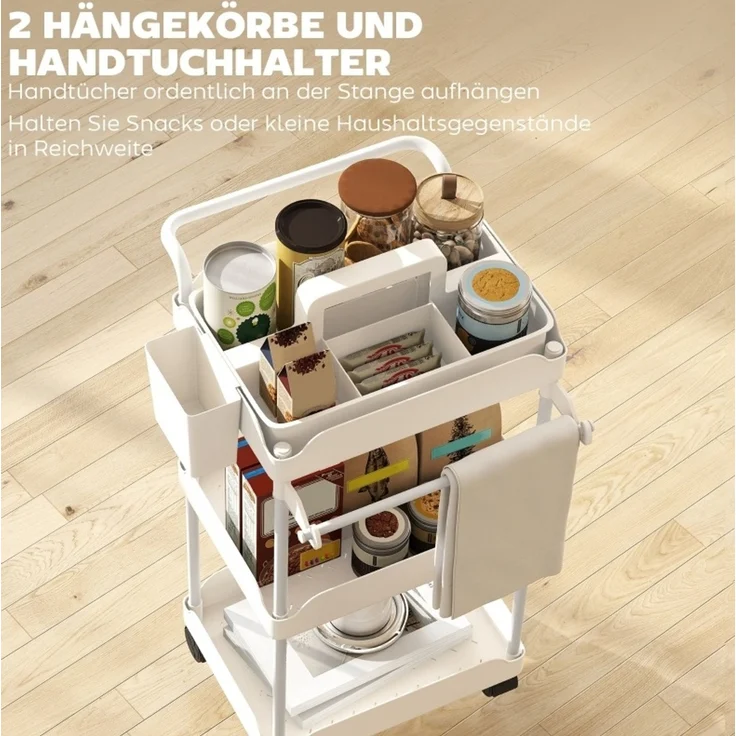 Küchenrollwagen mit 3 Körben, Handtuchhalter und Rollen, 42x42,5x76 cm, Weiß – Bild 5