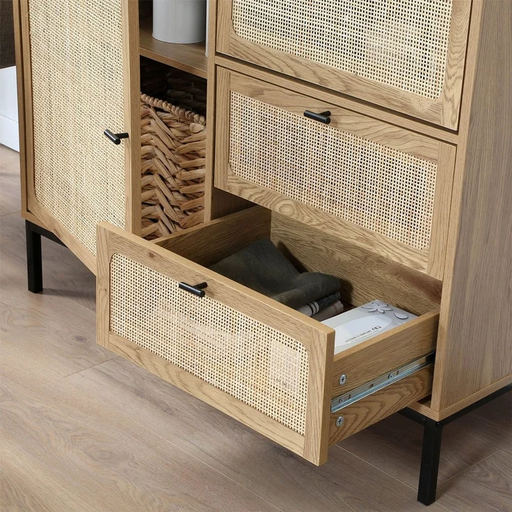 Casâme 'JAYA' Hohe Buffetschrank mit Rattanfronten - L100 x H120 cm - Helles Holz – Bild 8