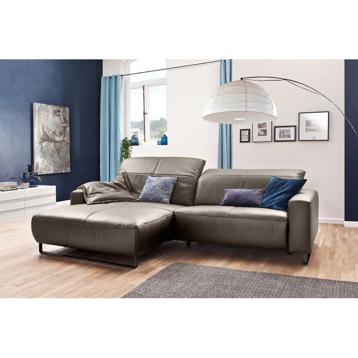 KAWOLA Sofa YORK Leder Life-line bisquit Recamiere links Fuß Metall schwarz 85 x 180 x 284 cm
