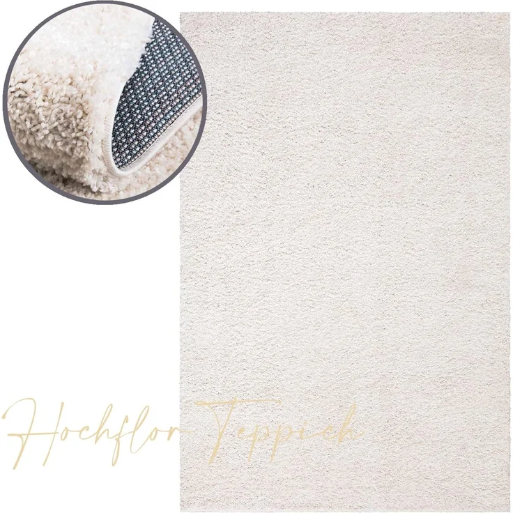 Teppich Wohnzimmer Hochflor Shaggy - 200x200cm - Creme Einfarbig Uni Flauschig Modern Boho Deko Teppiche Weich Schlafzimmer – Bild 2