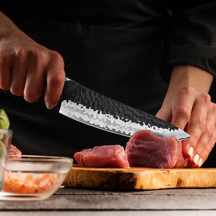 SHAN ZU Messerset 7 teilig, Japanisches Küchenmesser Set mit Block, 7 Schichten Hochwertigem Carbon Stahl Scharf Messerset für die Küche, Professionelles Kochmesserset mit Schärfer | 7 Lagen Carbonstahl & 10Cr15MoV-Stahlkern, Wetzstahl, Ahornholz-Griff... – Bild 6