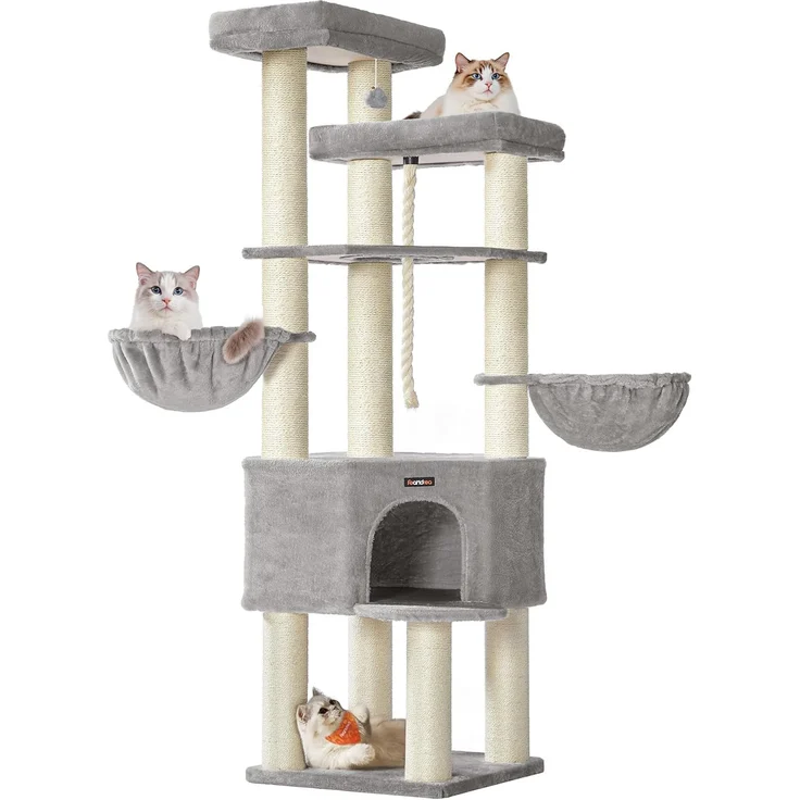 Feandrea Kratzbaum groß, mehrstöckiger Katzenbaum, XXL, 55 x 55 x 186,7 cm, 11 cm d Dicke Sisalstämme, für große Katzen wie Maine-Coon-Katze, Katzenkratzbaum, Taubengrau-cremeweiß – Bild 1