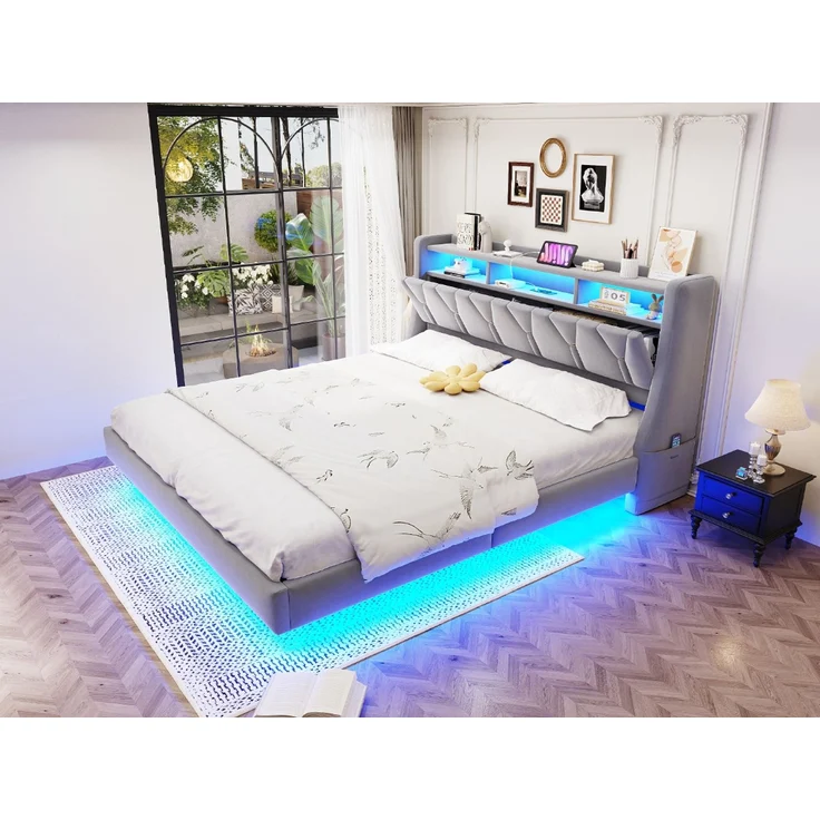 U-life Polsterbett 180x200 cm, fürs Schlafzimmer, klappbar, LED-Beleuchtung, Gepolstertes Kopfteil, Verbreiterte Bettbeine, Sperrholz, Hellgrau – Bild 6
