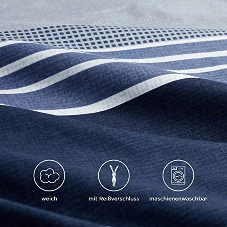 BEDSURE Bettwäsche 135x200 2teilig Bettbezug - Bettwäsche-Sets Blau 135x200 cm mit Kissenbezug 80x80 cm, ÖKO-TEX Wendebettwäsche Bedding Blau Gestreift Muster mit Reißverschluss – Bild 3