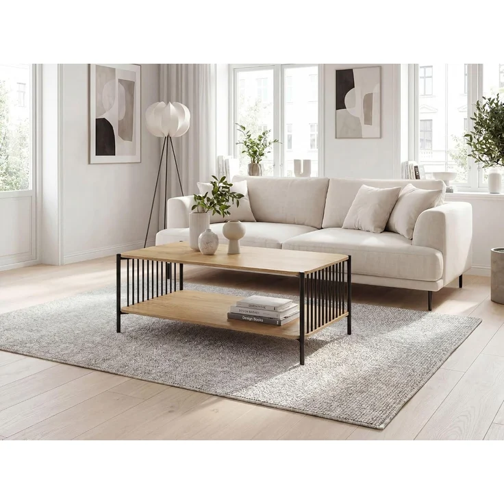 Couchtisch 110x60cm Eiche Optik Rechteckig - Design Sofatisch Metall - Wohnzimmertisch Ablage - Loungetisch Stauraum - Beistelltisch Kaffeetisch – Bild 4