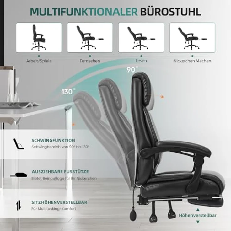 COLAMY Ergonomischer Chefsessel mit Fußstütze, gepolsterten Hochklapparmen und Kippverstellung für langes Arbeiten im Homeoffice, Schwarz – Bild 9