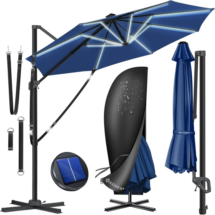 KESSER® Sonnenschirm Ampelschirm Sun Rund XL, Navyblau, Mit LED – Bild 1
