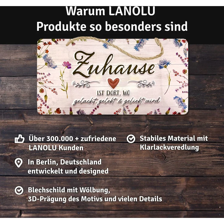 LANOLU Blechschild Zuhause Herz - 16x32cm – Metall – Mehrfarbig – 16120 – Bild 4
