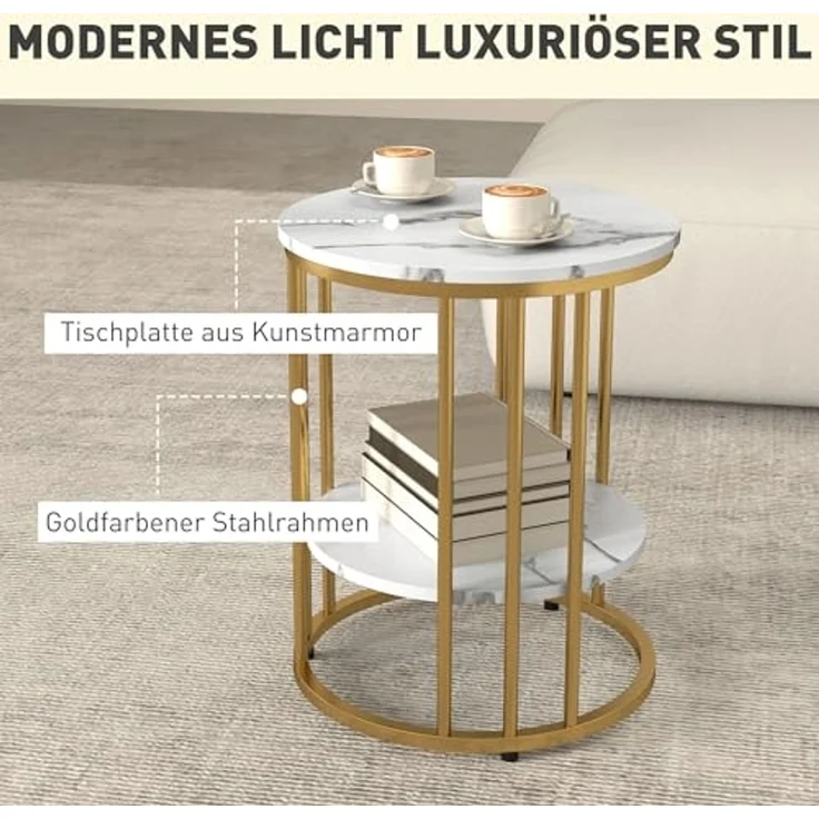 HOMCOM Couchtisch Wohnzimmertisch mit Ablage, Stahlrahmen (Sofatisch, 2-St, Beistelltisch), für Wohnzimmer Schlafzimmer Weiß – Bild 6