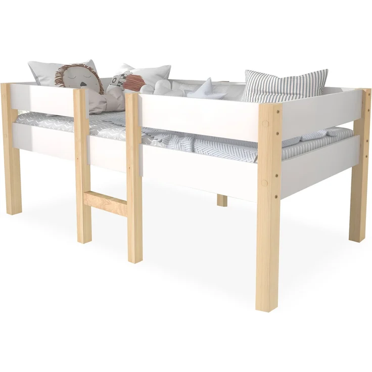 Bett Kinderbett mit Rausfallschutz, Kiefer-Vollholz-90x200 cm-Weiß & Eiche – Bild 3