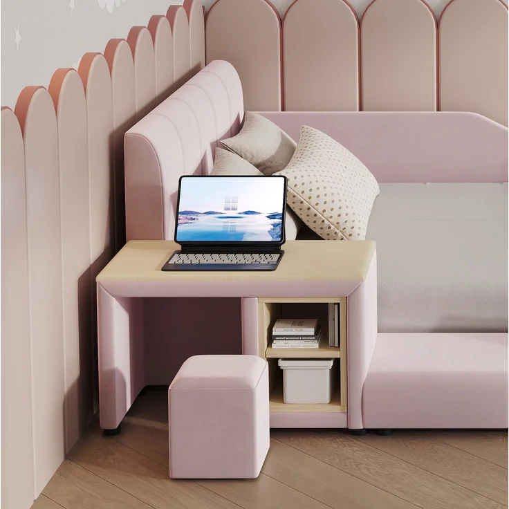Kinder-Polsterbett, Samt mit Schreibtisch, Hocker & Ablageboden, 140x200 cm, Rosa, ohne Matratze – Bild 10