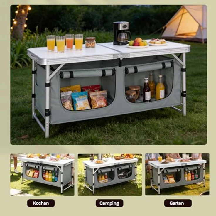 WOLTU faltbar Campingschrank Alu Campingtisch Höhenverstellbar mit Stauraum, Outdoor Campingmöbel Klapptisch Gartentisch für Picknick Strand im Freien, Weiß+Grau – Bild 8