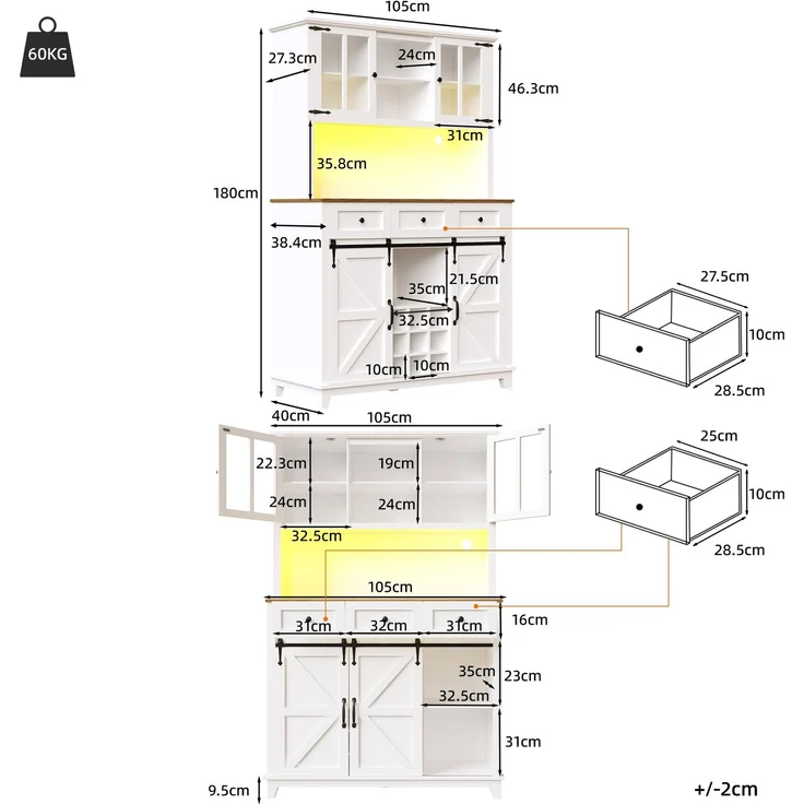 Küchenschrank(105×38.4×180cm), Hochschrank Küchenbuffet, Vitrinenschrank, Buffetschrank mit Verstellbaren Ablagen, Sideboard mit LED-Beleuchtung,Variable Lichtfarben,weiß--Weiß--105x38.4x180cm--YOUDENOVA – Bild 4