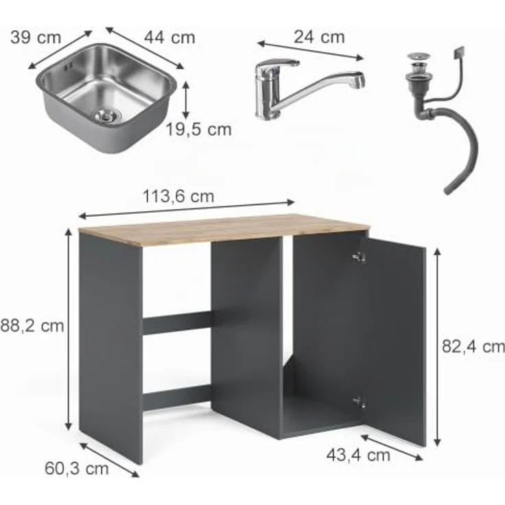 Vicco Waschmaschinenumbauschrank Viktor, Anthrazit/Goldkraft Eiche, 113.6 x 88.2 cm mit Spüle und Armatur – Bild 2