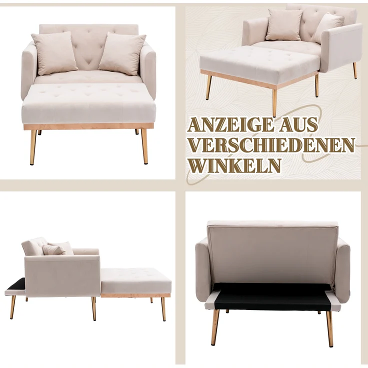 LVHOM Klappsofa mit Schlaffunktion, Schlafsofa Samtbezug mit goldenen Metallbeine, Klappbett Bettsofa Bettcouch, Chaiselounge, Beige – Bild 4