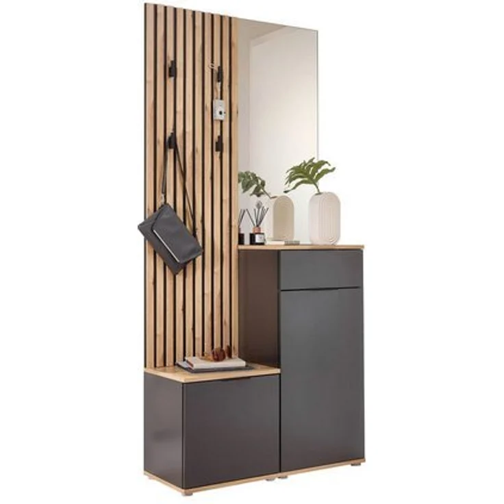 moebel-dich-auf Kompaktgarderobe EASY (Paneel + Bank + Spiegel + Schuhschrank, in 2 Farbvarianten, Lamellenoptik) 88 cm breit – Bild 4