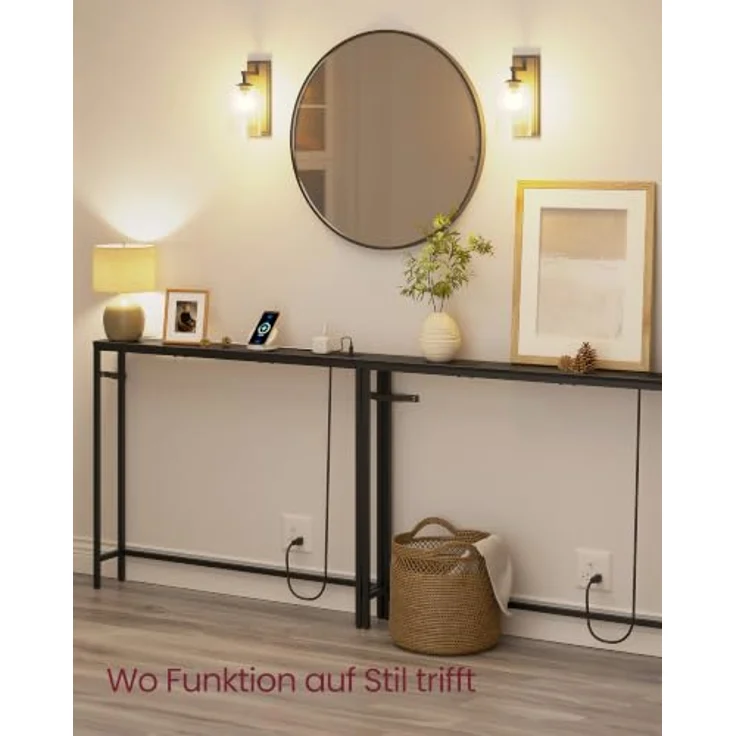 VASAGLE Konsolentisch mit Ladestation, schmaler Sofatisch, Flurtisch, 2 Tischplatten, einfache Montage, für Flur, Wohnzimmer, 100 x 15 x 80 cm, Schwarze Holzoptik-Mattschwarz LNT078BE03 – Bild 5