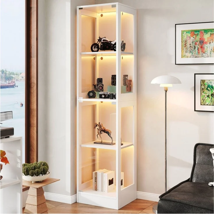 Flieks Glasvitrine Eckvitrine mit LED-Beleuchtung und Doppeltüren aus gehärtetem Glas (1-St, 40x35x170 cm) Standvitrine Eckschrank Hochschrank Sammlervitrine mit 4 Fächern Weiß – Bild 3