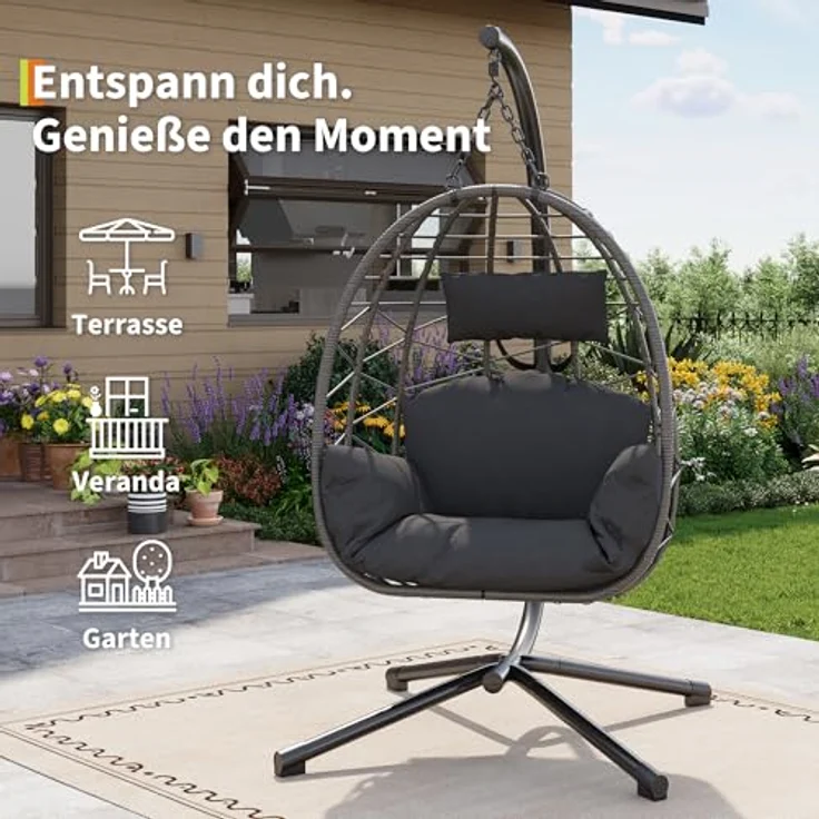 Hängesessel mit Gestell Outdoor bis 150 kg belastbar, Rattan Hängesessel mit Metallgestell, ideal als Hängesitz Indoor mit Gestell für Garten, Terrasse & Balkon Grau – Bild 5