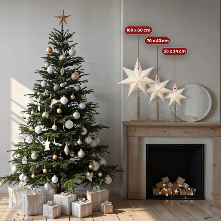 BUVTEC LED Standleuchte Stern Karo mit Holzfuß aus FSC®-Akazienholz – Weißer Papierstern 43 x 70 cm – Weihnachtsstern für Fenster, Wohnzimmer & Weihnachtsdekoration – Bild 4