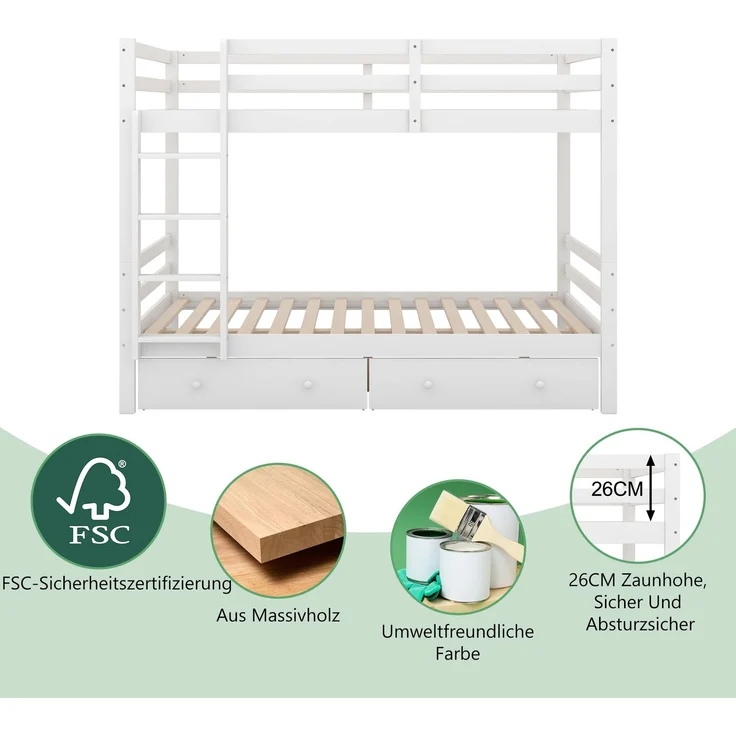 Etagenbett 140x200 cm mit Stauraumschubladen, hohem Sicherheitsgeländer, platzsparend, Treppe,Hochbett für Kinderzimmer, robust und langlebig,weiß – Bild 5