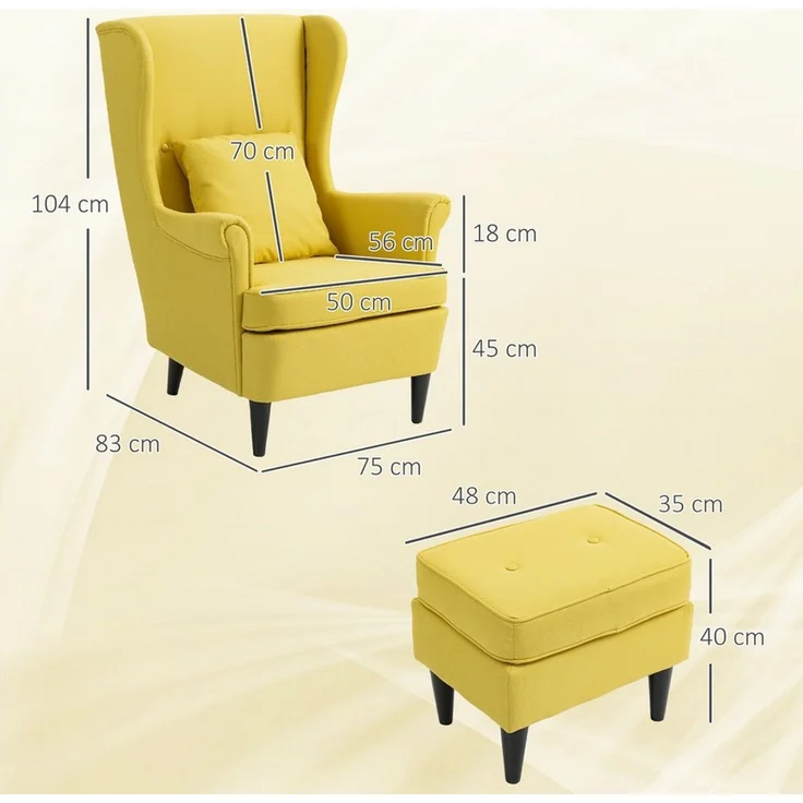 HOMCOM Relaxsessel Ohrensessel, Sessel mit Leinenoptik, Lendenkissen, Loungesessel (Set, 2-St, bestehend aus Sessel und Hocker), für Wohnzimmer Schlafzimmer Gelb – Bild 3