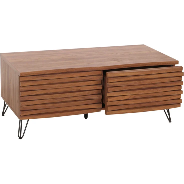 MCW M49 Couchtisch, Walnuss, 110x46x55 cm, mit 2 Schubladen und stabilem Metallgestell