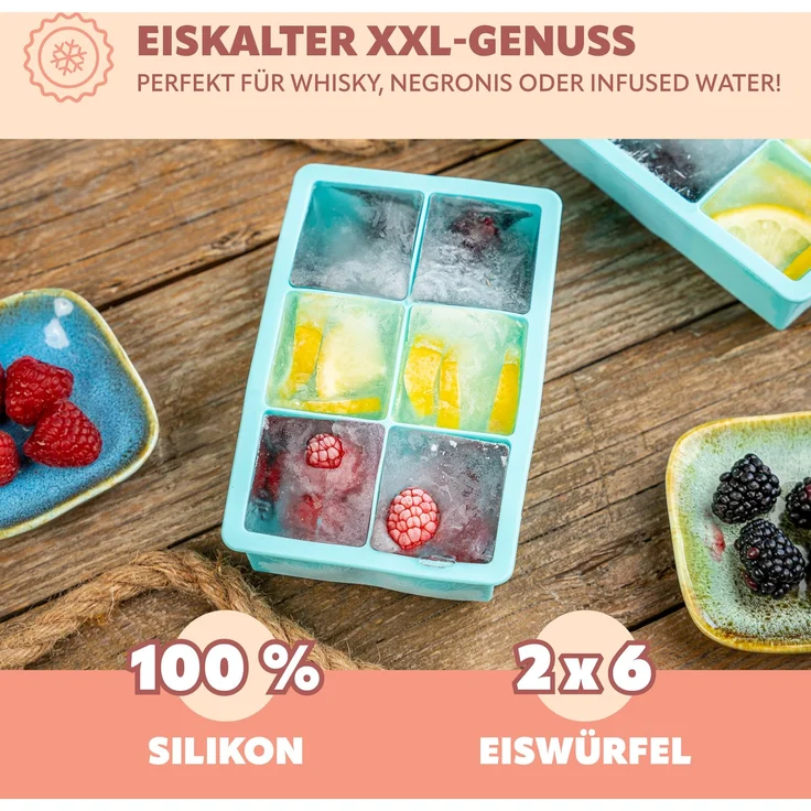 XXL 6er Silikon-Eiswürfelform, 2er-Set // 2 Stück für je 6 XXL Eiswürfel ca. 4 x 4,5 cm – Bild 3
