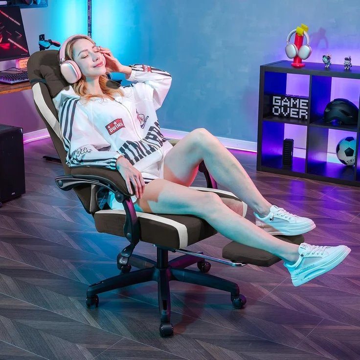 GTPLAYER Gaming Stuhl Ergonomischer, PC Stuhl Atmungsaktiver Stoff, Groß und Hoch Drehbarer Schreibtischstuhl mit Fußstütze,Verstellbare Lendenwirbelstütze und Kopfstütze,Braun – Bild 10