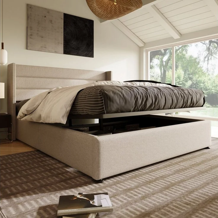 Odikalo Stauraumbett Polster Doppelbett 140/160/180 Lattenrost mit/ohne Matratze Beige/Grau – Bild 1