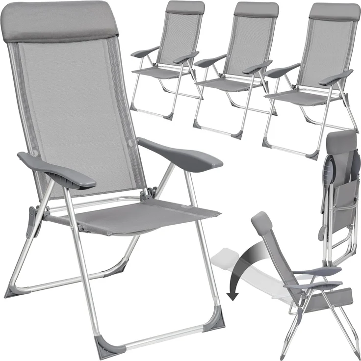 tectake® 4er Set Gartenstuhl Hochlehner, Gartenstühle, Essstühle Aluminium, Klappstuhl 5-Fach verstellbar mit Armlehnen, Sessel mit Liegefunktion, Gartenmöbel, Möbel für Terrasse und Camping - grau – Bild 1