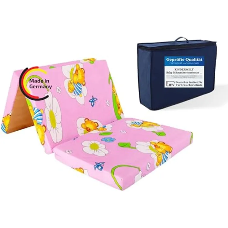 KiNDERWELT Reisebett Baby Reisematratze 120x60 cm, rosa, Klappmatratze Faltmatratze, Schaumstoff Matratze Kinder aus hochwertigem Kaltschaum, Made in Germany