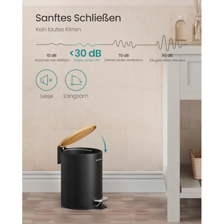SONGMICS Kosmetikeimer, Mülleimer Bad, mit Deckel aus Bambus, Tretmülleimer mit Metallpedal, Inneneimer herausnehmbar, Softclose, für Badezimmer, 3 Liter, tintenschwarz LTB113BZ01 – Bild 5
