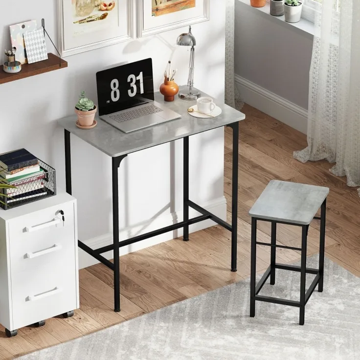 Bartisch Set mit 2 Barhockern, Stehtisch im Industrie Stil, Frühstückstisch mit Metallrahmen für Küche & Hausbar,Grau