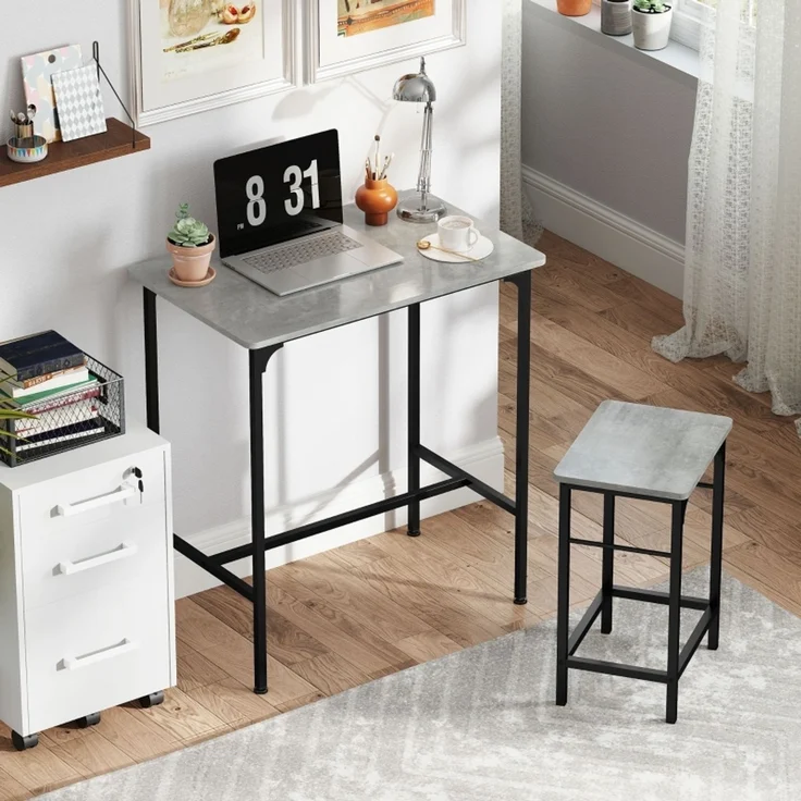 Bartisch Set mit 2 Barhockern, Stehtisch im Industrie Stil, Frühstückstisch mit Metallrahmen für Küche & Hausbar,Grau – Bild 1