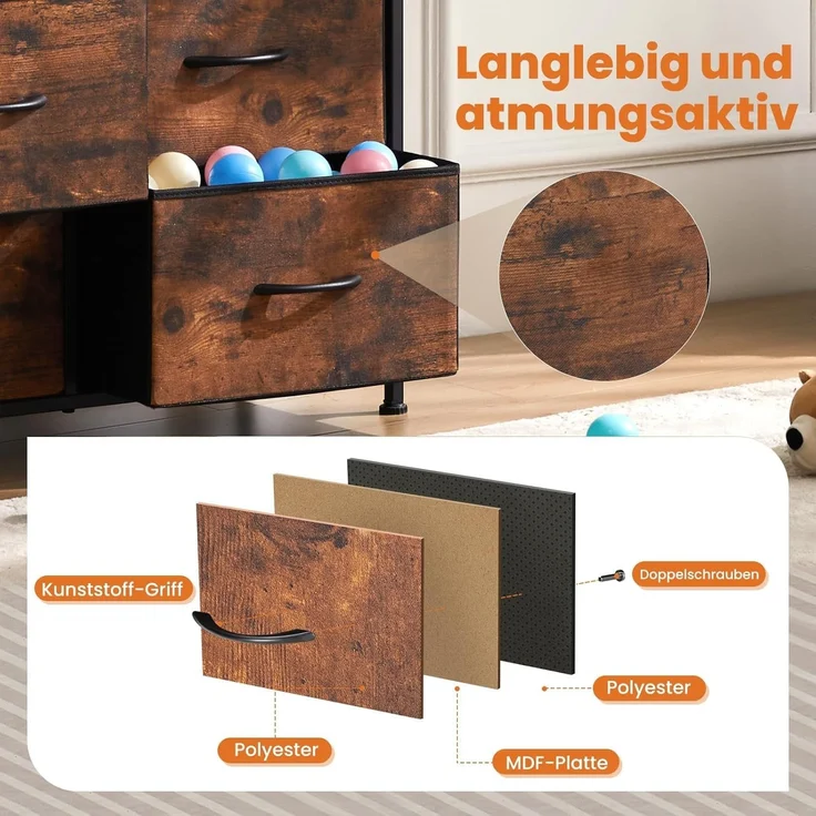 Sweetcrispy Kommode,Sideboard Wohnzimmer für Schlafzimmer mit 9 Stoffschubladen,Einstellbare Füße Schubladenschrank,Komodenschrank für Schlafzimmer,Modernes Braun – Bild 5