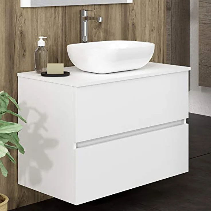 Baikal Onyx Badmöbel montiert, Möbel mit 2 Schubladen, Badezimmermöbel mit Waschbecken, Hängeschrank, Wandschrank, Keramikwaschbecken, inkl. Spiegel, 70 cm, Weiß – Bild 5