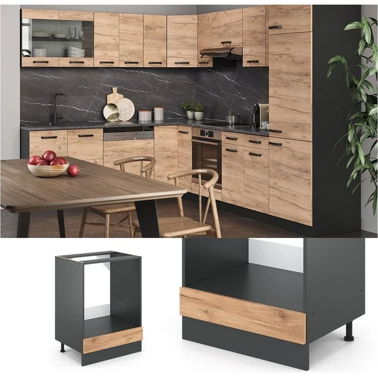 Herdumbauschrank R-Line Goldkraft Eiche 60 cm J-Shape, AP Anthrazit Vicco – Bild 3
