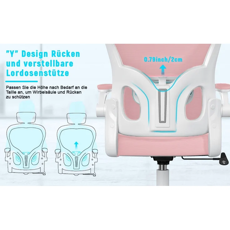 Botifly Ergonomischer Bürostuhl mit Kopfstütze, Mesh-Gewebe, Rosa, 90°-120° Wippfunktion, 10 cm Höhenverstellbar, 52 x 26 x 57 cm – Bild 7