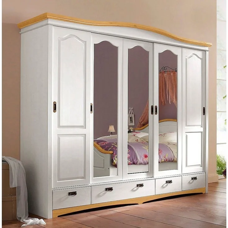 Home affaire Schiebetürenschrank Konrad, Landhausstil, rustikal, mit Schubladen + Spiegel, Kassetten massive Kiefer, FSC®-zertifiziert, Messinggriffe, mehrere Varianten – Bild 2