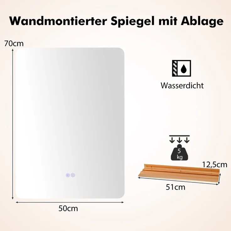 LED Badspiegel mit Beleuchtung & Touch Schalter & Memory Funktion Wandspiegel 70 x 50 cm – Bild 2