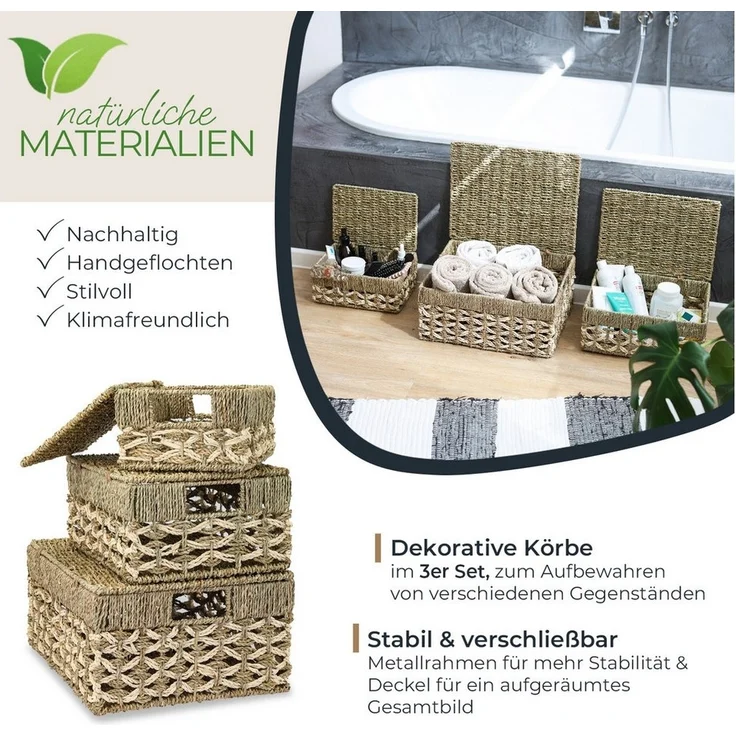 HMF Aufbewahrungskorb HMF Aufbewahrungskorb mit Deckel, 3er-Set, Korb (3 St), geflochten aus Seegras und Palmblättern, Klein, Mittel, Groß – Bild 1