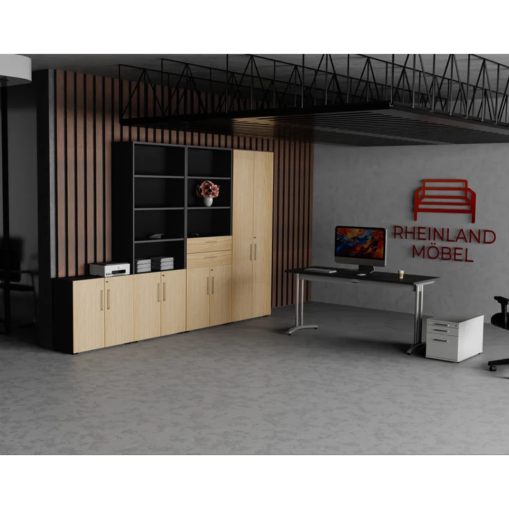 Rheinland Möbel Flügeltürenschrank Cabino 80×42×216 cm – abschließbarer Aktenschrank 6OH in Graphit/Eiche mit 110° Drehtüren & Metallgriff – Bild 5