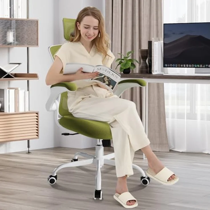 COLAMY Bürostuhl Mesh Computerstuhl, Bürostuhl Ergonomisch, Arbeitsstuhl mit Verstellbarer Kopfstütze und Lendenwirbelstütze, Schreibtisch Stuhl mit hochklappbarer Armlehne, 140° Wippfunktion, Grün – Bild 9