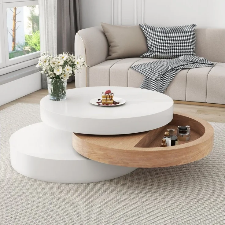 BBWL Couchtisch 360° mit Stauraum, 3 Ebenen, ausziehbarer Tischplatte, MDF, Drehbarer Couchtisch, moderner Wohnzimmertisch Weiß/Natur