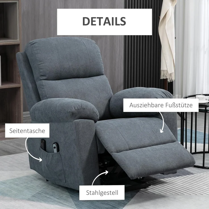 HOMCOM Massagesessel Relaxsessel, TV-Sessel, mit Liegefunktion, Fernsehsessel aus Leinen (Ruhesessel, 1-St, Aufstehsessel), mit Fernbedienung – Bild 7