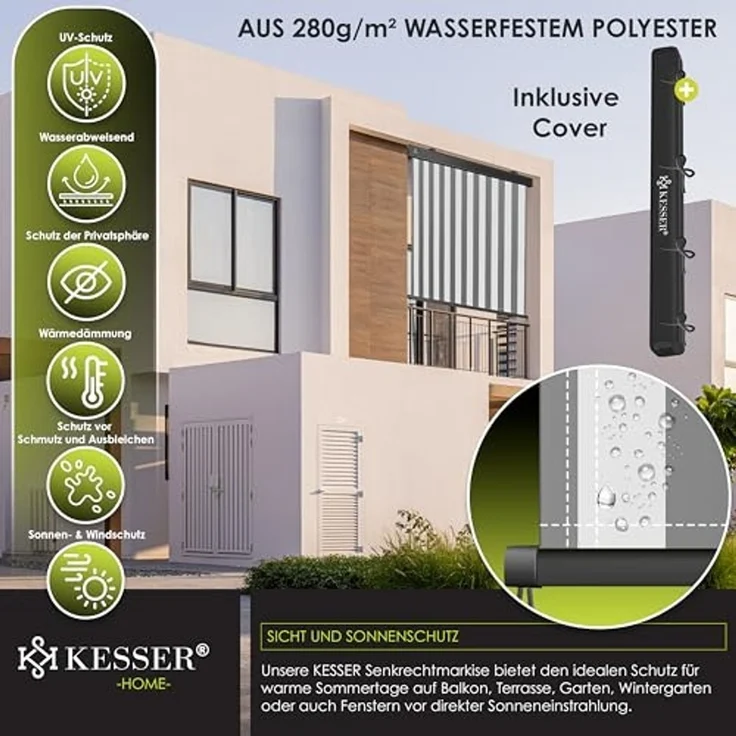 KESSER® Senkrechtmarkise Außenrollo Handkurbelmechanismus Balkonrollo Sonnen & Sichtschutz Beschattung Sonnenschutz Außen Rollo mit Kurbel Markisenkasten Balkon & Terrasse Inkl. Montageset & Abdeckung Grau / Weiß, 180 x 250cm – Bild 6