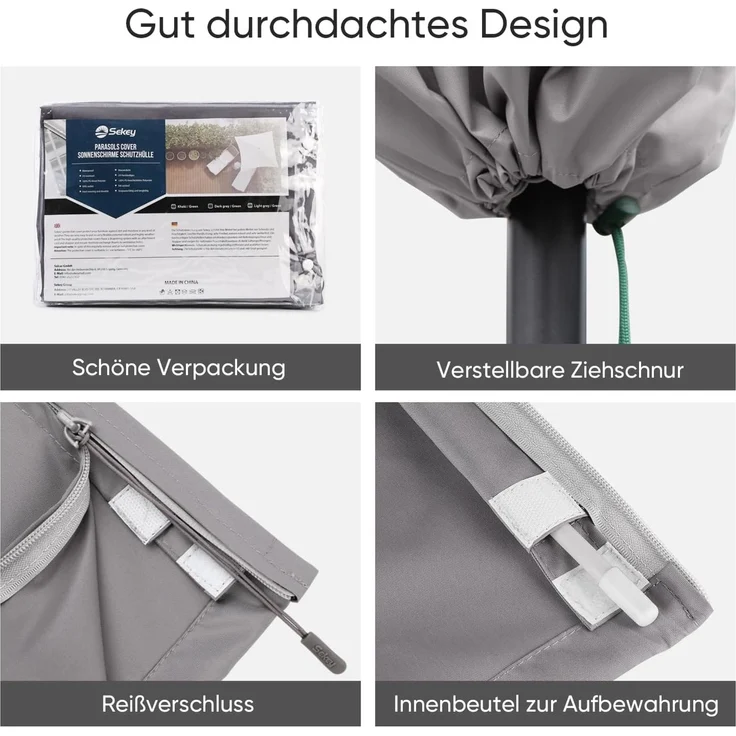 Sekey Sonnenschirm Schutzhülle mit Stab, Abdeckhauben für Ø 300 cm Gartenschirm mit Belüftungsöffnungen, Abdeckung für Marktschirm / Balkonschirm, 100% Polyester, wasserdicht, Hellgrau – Bild 6